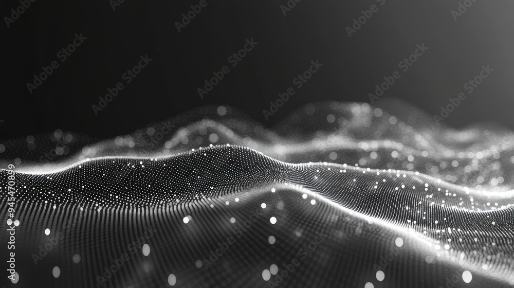 Poster abstract illustration of data technology featuring a futuristic white background with a dynamic wave