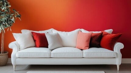 Contemporary interior design featuring a white sofa adorned with pillows against a colored backdrop