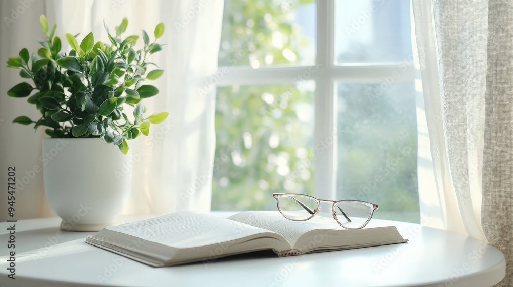 Aufkleber an open book rests on a white table beside a pair of glasses, with a potted plant and light streamin