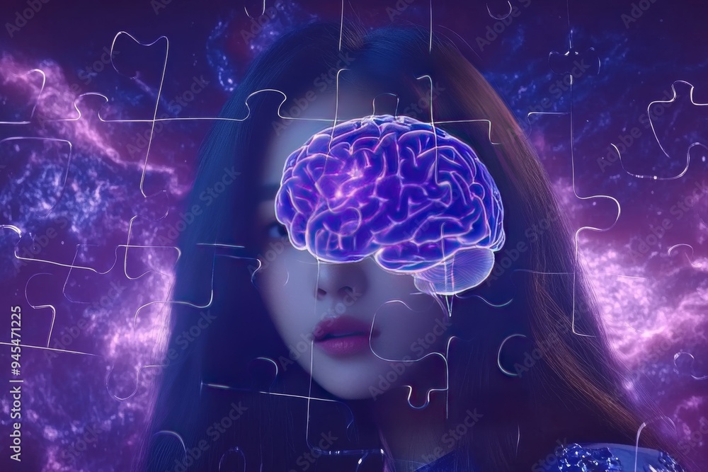 Aufkleber womans face overlaid with cosmic brain and puzzle pieces symbolizing cognitive exploration and the i
