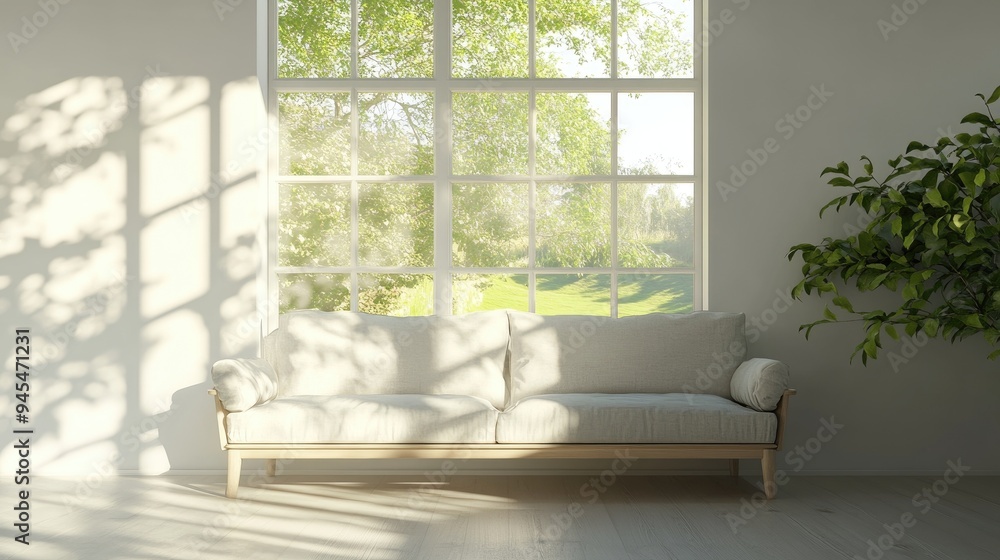 Poster concept of a bright room featuring a sofa and a summer landscape visible through the window scandina