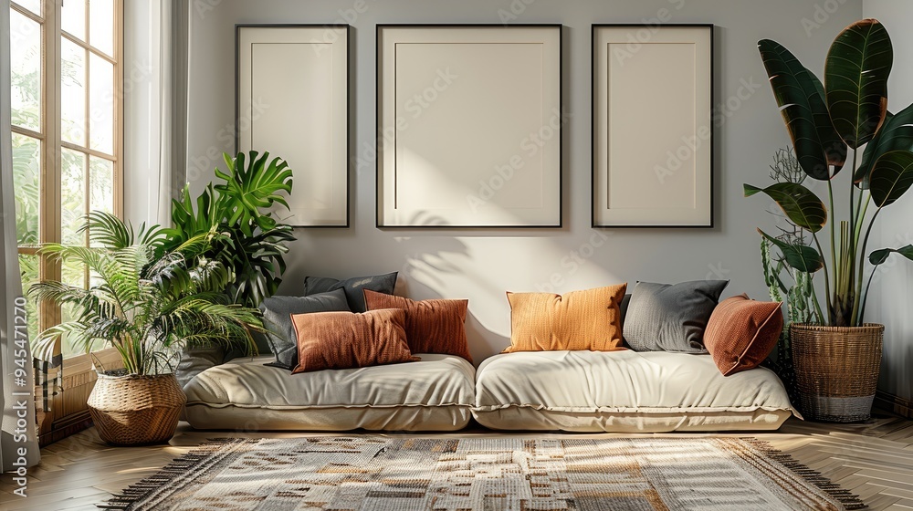 Aufkleber mockup of cozy boho modern home, a neutral colored wall with mockups of 4 empty square black wall ar