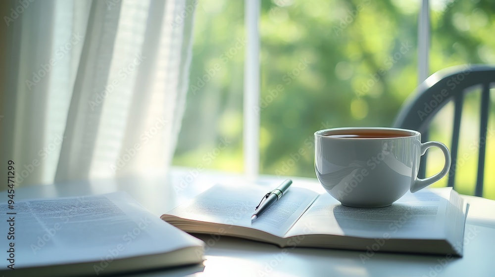 Poster An open book with a cup of tea and a pen rests on a white table with an outdoor view through the window, creating a serene reading space with natural light.