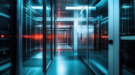 Modern server room in a data center, glass enclosures, precise industrial design, detailed, sharp focus.