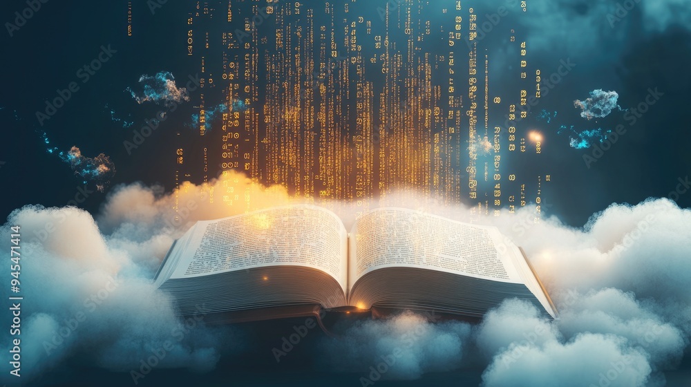 Poster abstract 3d background featuring clouds and an open book alongside hexadecimal code