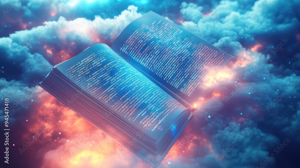 Poster abstract 3d background featuring clouds and an open book alongside hexadecimal code