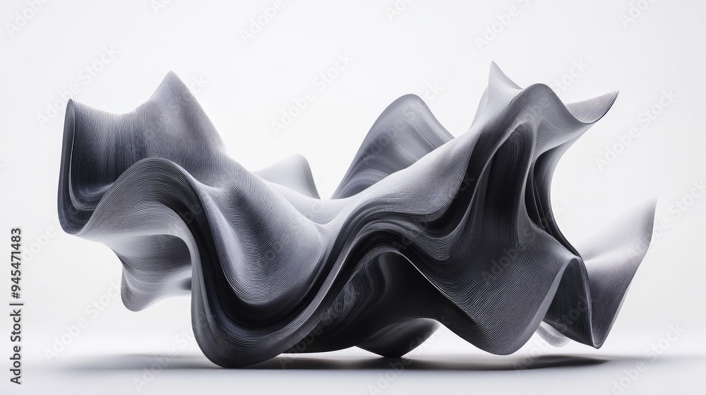 Poster abstract 3d shape featuring a distorted wave like design created through computer generation