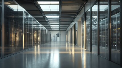 Physically based rendering of a data center, with glass walls and a focus on industrial minimalism and realism.
