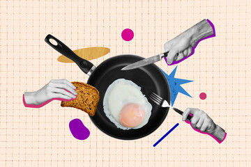 Composite photo collage of hands hold fork knife frying pan egg breakfast nutrition wheat bread...