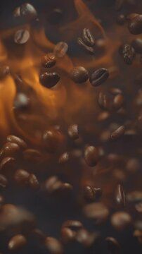 Super slow motion shot of falling roasted coffee beans with smoke in macro. Roasting hot flying coffee with fire. Burning whole coffee explosion close up vertical video