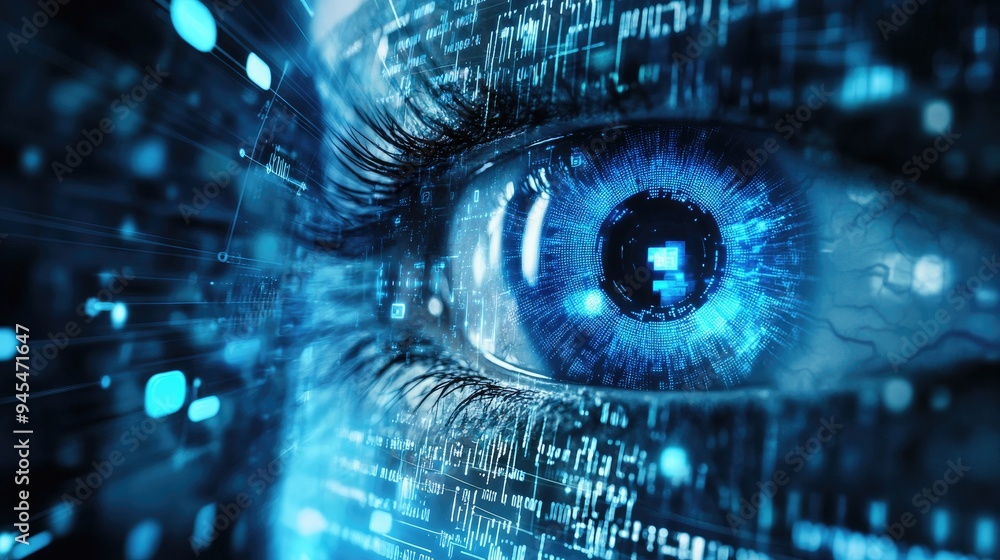 Poster abstract background featuring a blue eye and futuristic technology elements including circuits and b