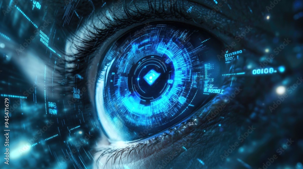 Poster abstract background featuring a blue eye and futuristic technology elements including circuits and b