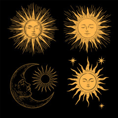 Vector illustration set of moon phases. Different stages of moonlight activity in vintage engraving style. Zodiac Signs