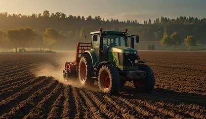 Fototapeta premium Tractor Plowing Field at Sunset