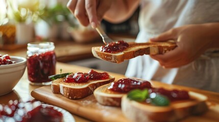 Person spreading guava jam on toast, detailed and inviting, breakfast setting