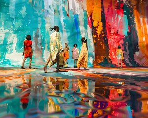 Illustration of A stylish fashion runway with models walking amidst a digitally collapsing background, vibrant colors distorting and fragmenting. Ai Generate.
