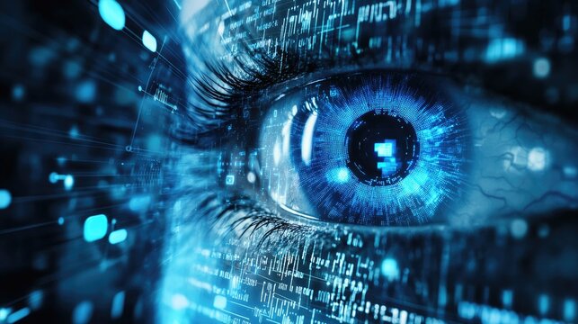 Abstract background featuring a blue eye and futuristic technology elements including circuits and binary code conveying a sense of motion and speed