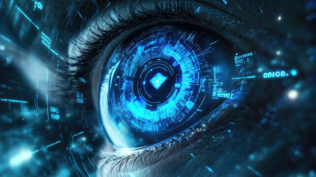 Abstract background featuring a blue eye and futuristic technology elements including circuits and binary code conveying a sense of motion and speed