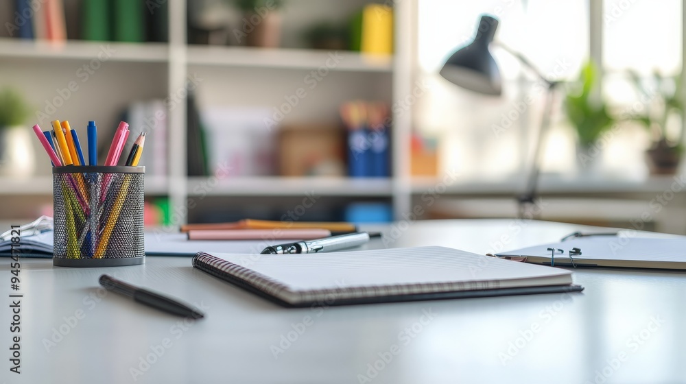 Poster a tidy office desk features a pencil cup filled with colorful pencils, notebooks, and a lamp. the ba