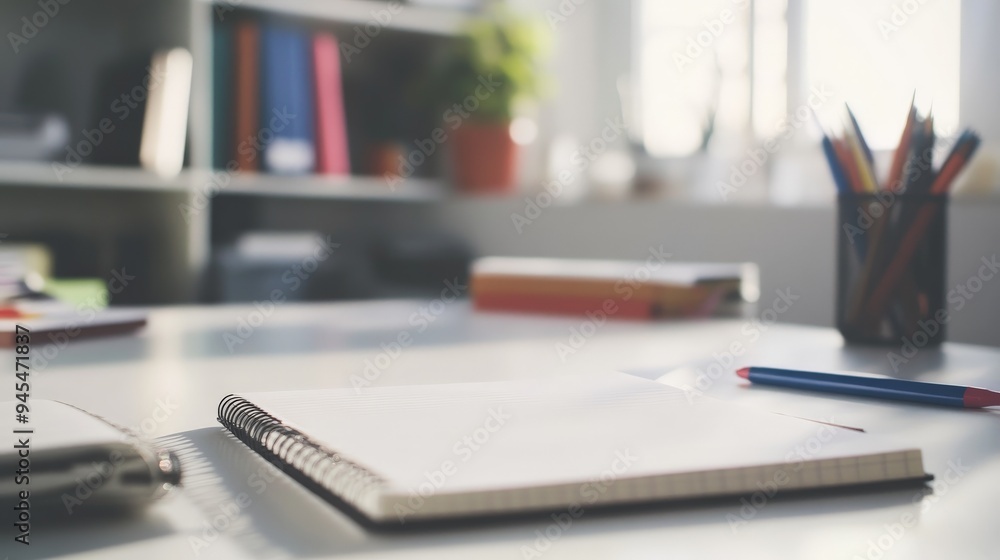 Poster An open notebook is placed on a bright and organized office desk with a pencil cup filled with colorful pencils. The background includes bookshelves adorned with various books.