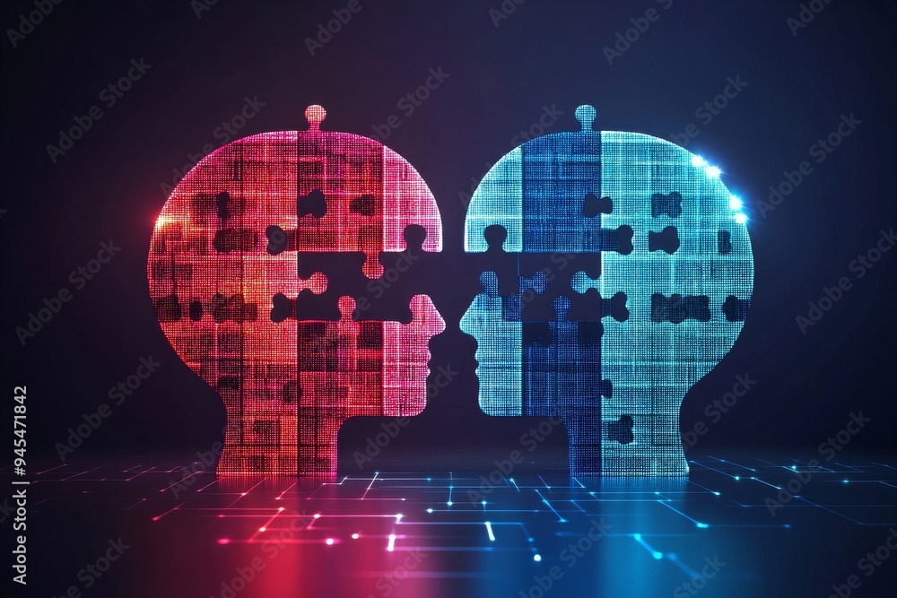 Poster red and blue puzzle heads facing each other representing the contrast and interaction between differ