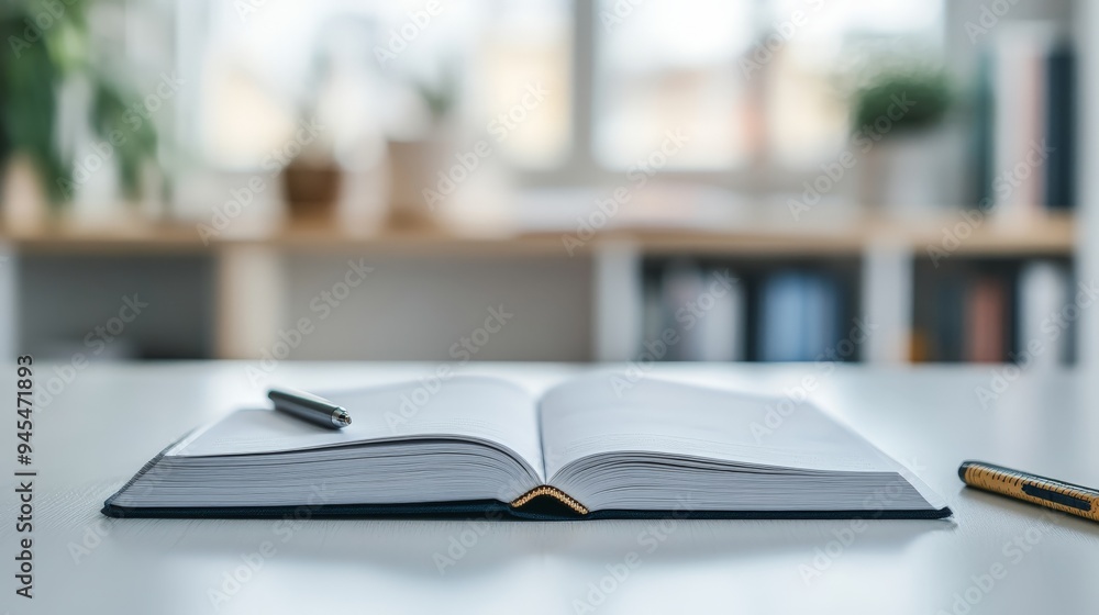 Aufkleber an open book lies on a clean, minimalist desk with a pen beside it. the background is softly focused
