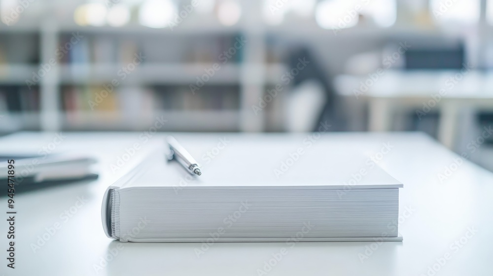 Poster a closed book with a pen on top rests on a modern, bright desk. the background features a softly foc