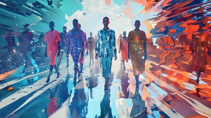 Illustration of A stylish fashion runway with models walking amidst a digitally collapsing background, vibrant colors distorting and fragmenting. Ai Generate.