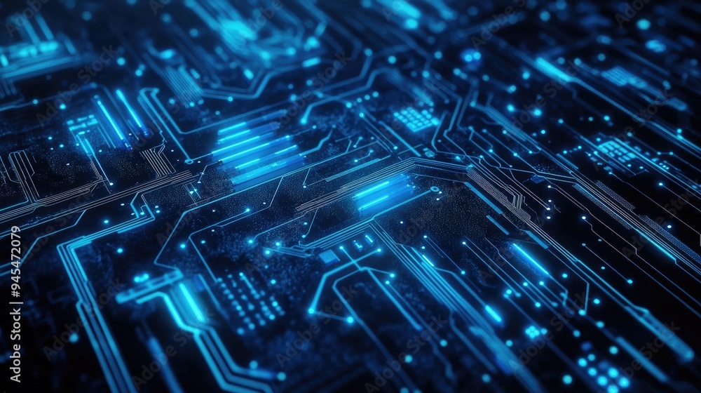 Poster abstract blue cyber security concept with a digital circuit representing futuristic technology and h
