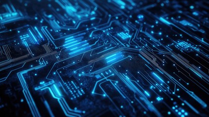 Obraz premium Abstract blue cyber security concept with a digital circuit representing futuristic technology and high speed internet featuring motion blur for a dynamic visual effect