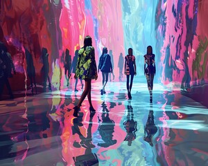 Illustration of A stylish fashion runway with models walking amidst a digitally collapsing background, vibrant colors distorting and fragmenting. Ai Generate.