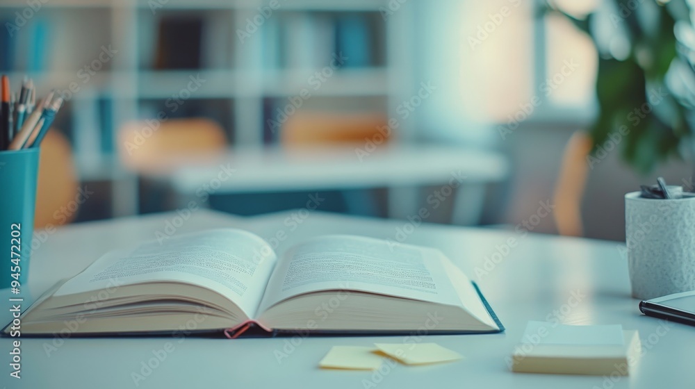 Poster an open book with sticky notes on a contemporary desk in a brightly lit room, embodying themes of st