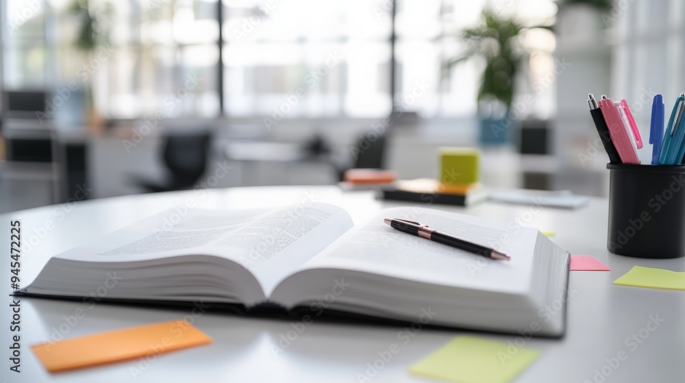 Poster An open book with a pen and colorful sticky notes spread across a desk, representing an active study session in a modern, inspiring, and well-organized environment.