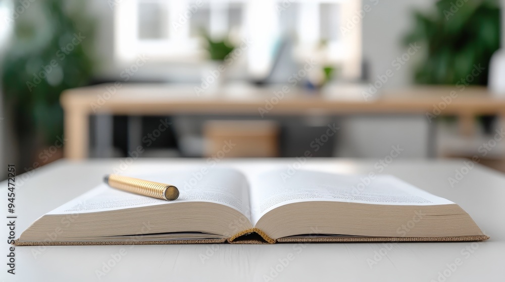 Poster an open book with a pen placed on a white table, situated in a bright room filled with natural light