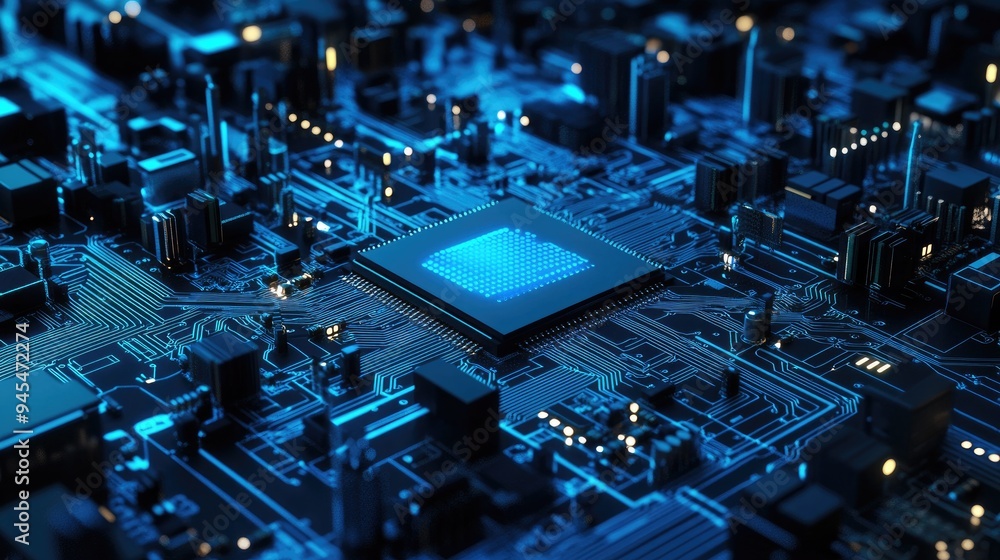 Poster abstract circuit board background with network technology elements 3d rendering showcasing a concept