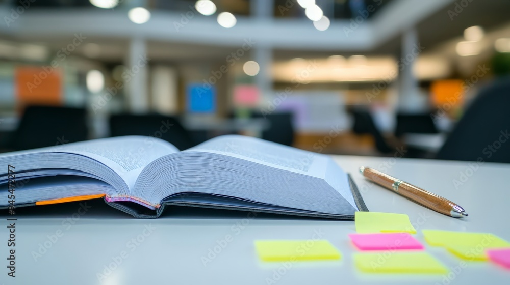 Poster An open book with colorful sticky notes and a pen on a clean desk in a modern library, highlighting themes of study, preparation, and organized academic pursuits.