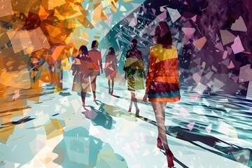 Illustration of A stylish fashion runway with models walking amidst a digitally collapsing background, vibrant colors distorting and fragmenting. Ai Generate.