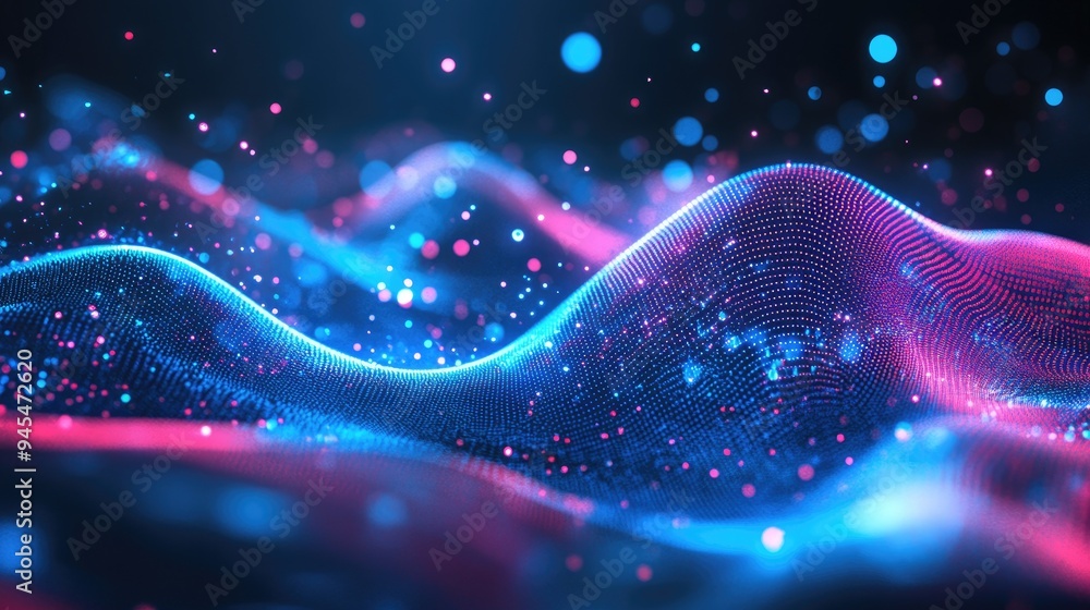Poster abstract digital data backdrop featuring a wave of dynamic dots and a flowing music stream in 3d