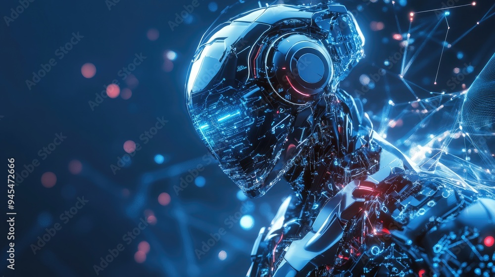 Poster abstract digital technology backdrop featuring a dynamic artificial intelligence robot capable of tr