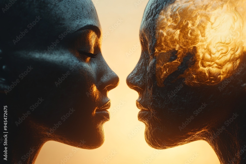 Poster two glowing brains facing each other in fiery orange and yellow symbolizing cognitive interaction em