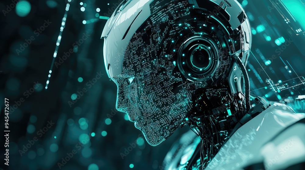 Poster abstract digital technology backdrop featuring a dynamic artificial intelligence robot capable of tr