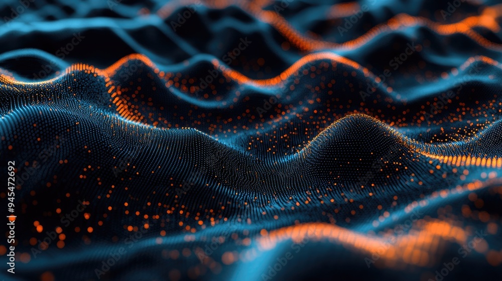 Poster abstract digital landscape featuring a flowing particle mesh structure on a futuristic square net ba