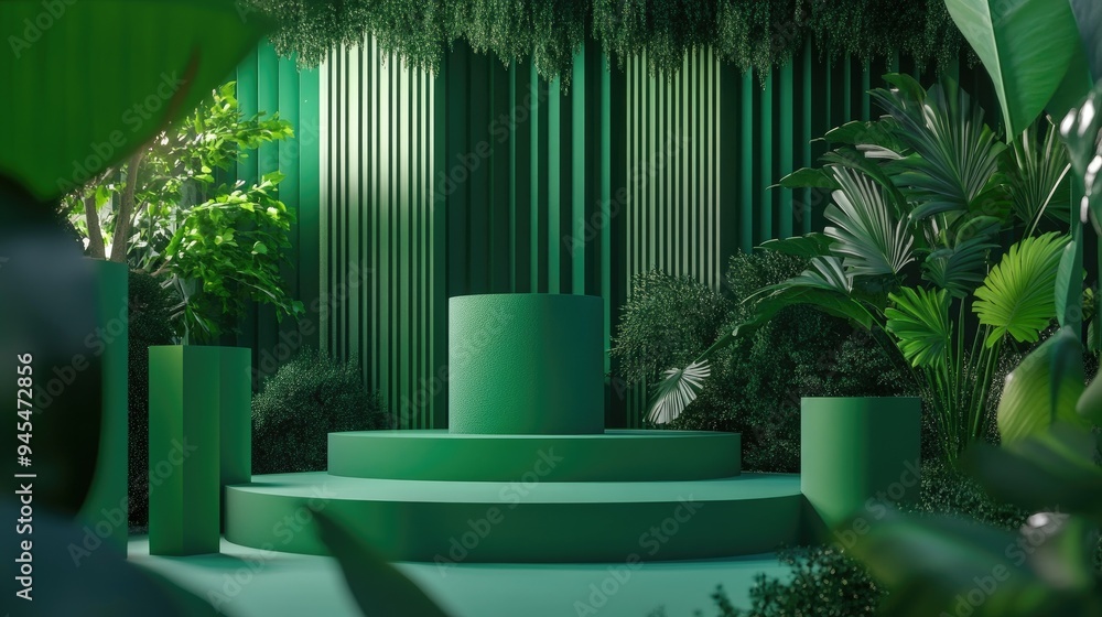 Poster abstract geometric shapes backdrop ideal for product presentation 3d rendering with a vibrant green 