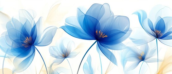 Beautiful, translucent blue flowers against a white background,
