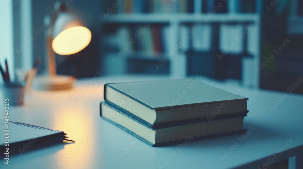 Poster in a softly lit room, a stack of two books sits on a desk, accompanied by a notebook and pen, with a
