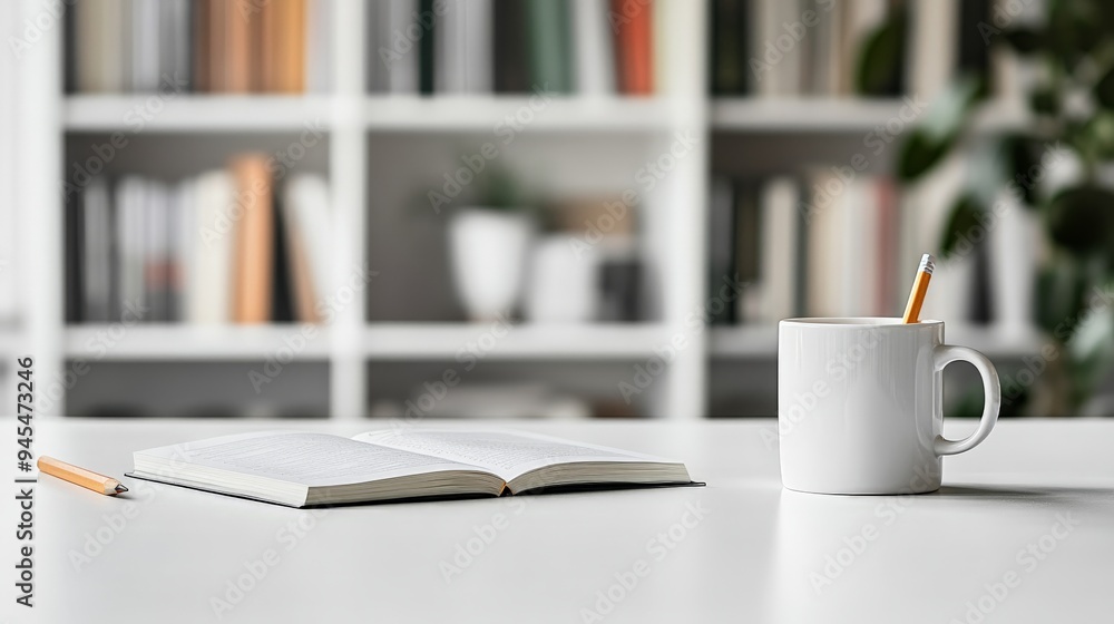 Poster A neatly arranged desk with an open book, a white mug with a pencil, set against a background of shelves filled with books in a modern library setting.