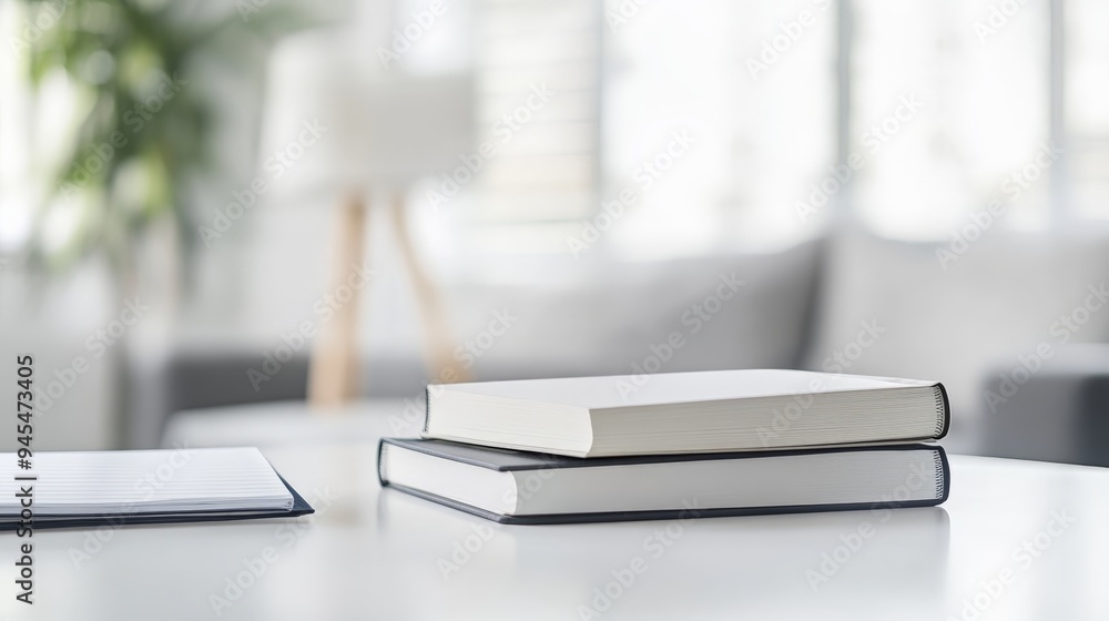 Poster A bright and airy room with two stacked books on a white table, featuring a notebook to the side and a modern lamp in the background, embodying calm and creativity.