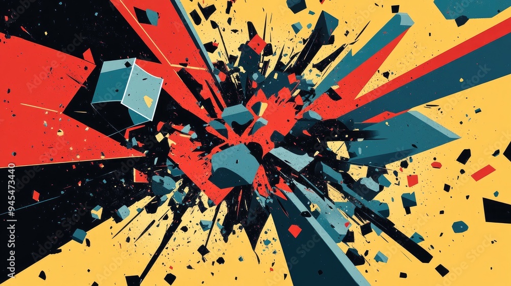 Poster abstract illustration featuring dynamic fragmented geometric shapes in an explosive arrangement