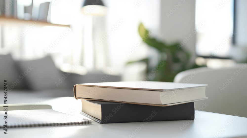 Poster a bright and inviting living room showcasing a white desk with two books stacked, picking up sunligh