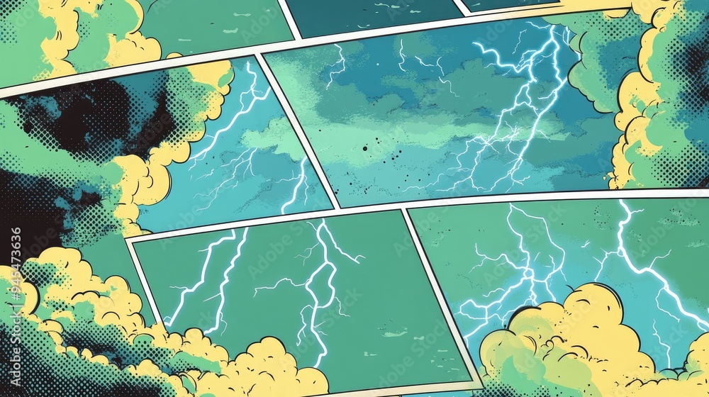 Poster blank comic strip with a green background featuring thunder and lightning designed in a cartoon styl